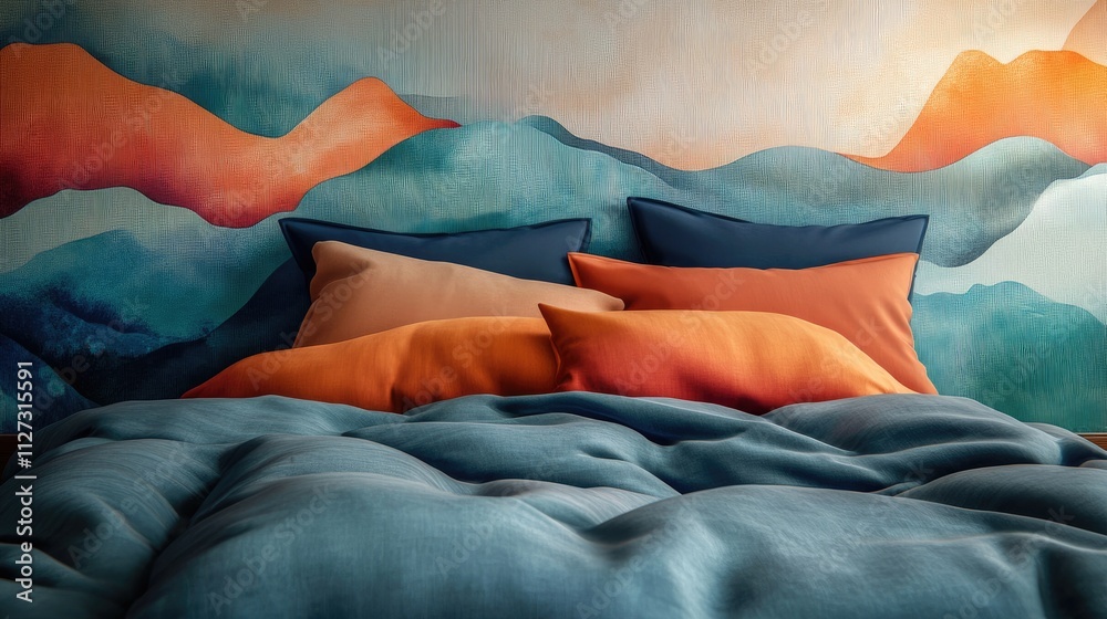 Aufkleber cozy bed with colorful sheets and pillows against a serene abstract mountain mural in a modern bedro