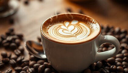 Aromatic Latte Art: Close-Up of a Steaming Cup of Latte with Exquisite Leaf Design, Surrounded by Coffee Beans on a Wooden Table
