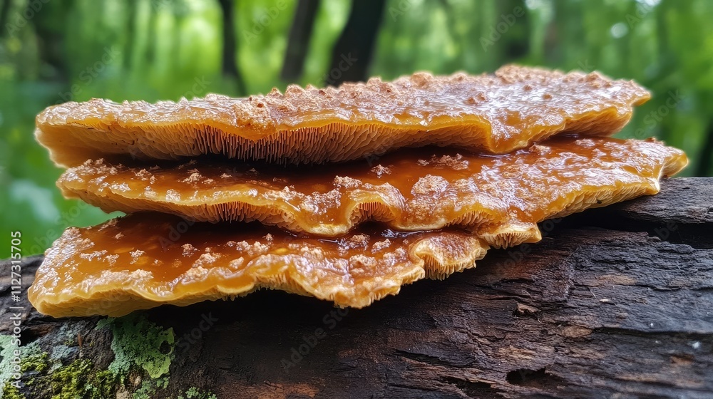 Poster brown fungus clusters on a damp tree trunk in a lush green forest environment showcasing nature's in