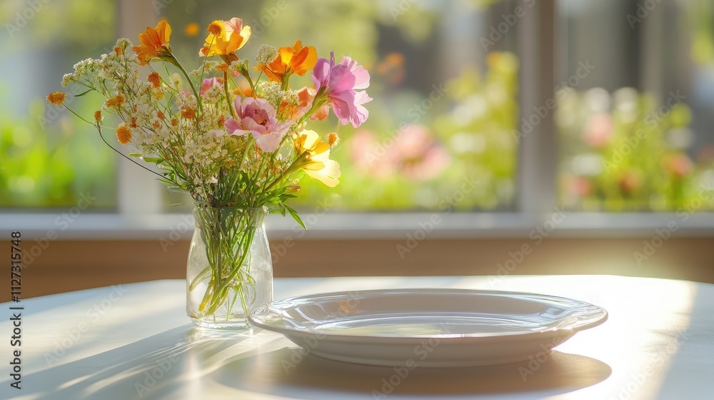Aufkleber colorful flowers in a vase on a luxurious table beside a beautiful plate with warm sunlight filterin