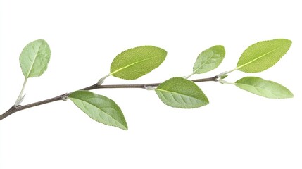 Fototapeta premium Fresh green sage leaves on branch isolated against a white background showcasing their vibrant color and natural texture for culinary use.
