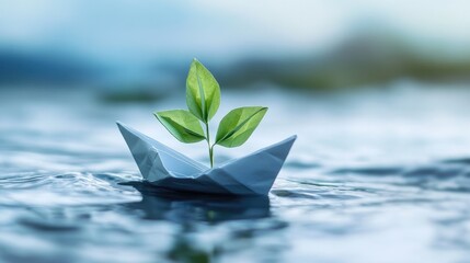 Sustainable development concept featuring a paper boat with a green plant symbolizing carbon neutrality and environmental awareness