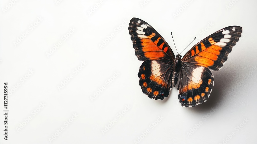 Poster colorful butterfly perched gracefully against a minimalist white background showcasing its intricate