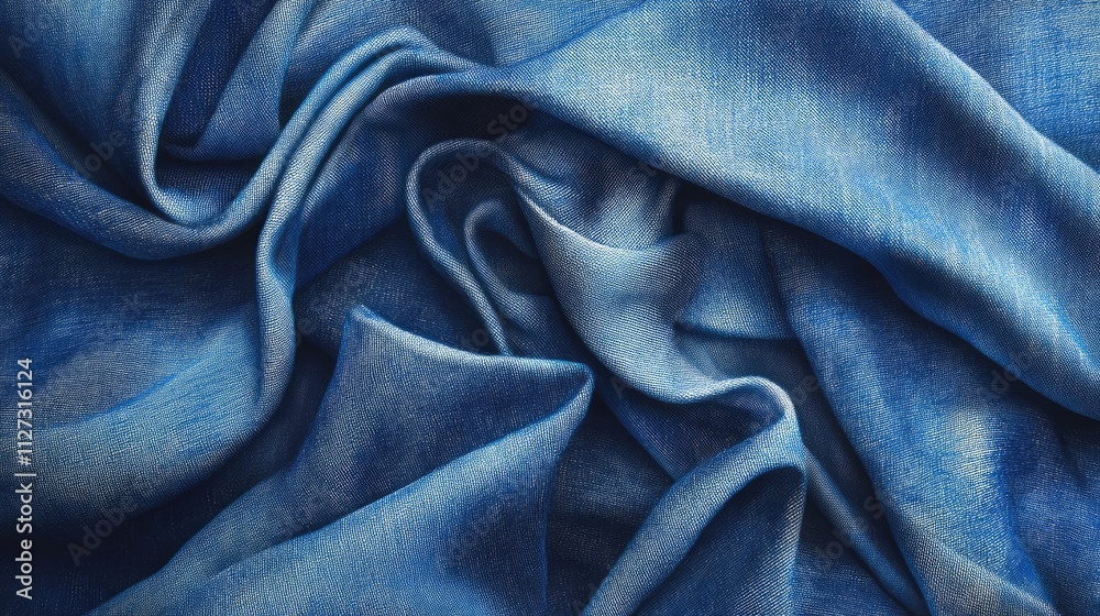 Aufkleber Textured blue denim fabric background with soft folds and wrinkles displaying intricate details and variations in shade.