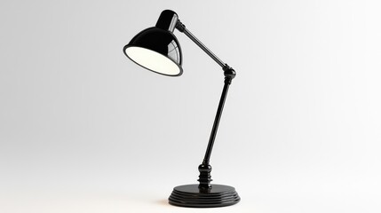 Stylish black desk lamp with adjustable arm on a bright white background showcasing minimalist design and modern aesthetics.