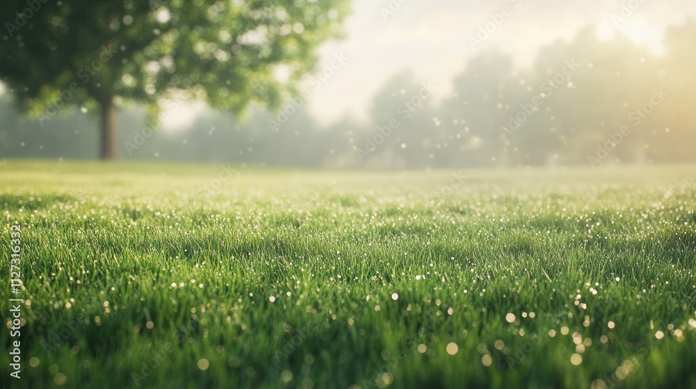 Aufkleber Fresh green grass field with dew in the morning light creating a serene nature background showcasing a clean environment and bokeh effect
