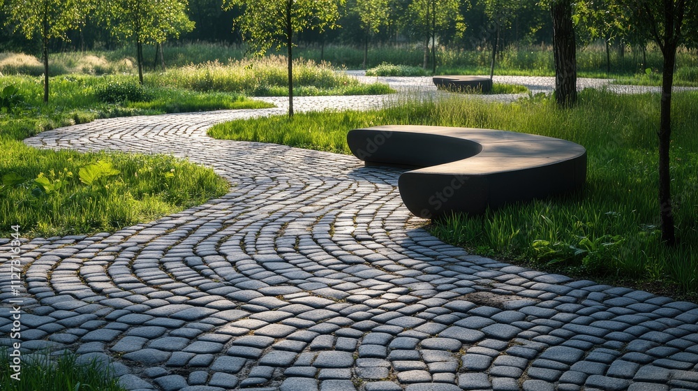 Poster park landscapes featuring diverse surfaces cobblestone path and rounded seating area surrounded by g