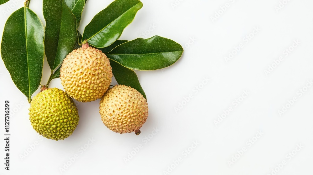 Poster bay fruit with lush green leaves on a clean white background showcasing its unique texture and color