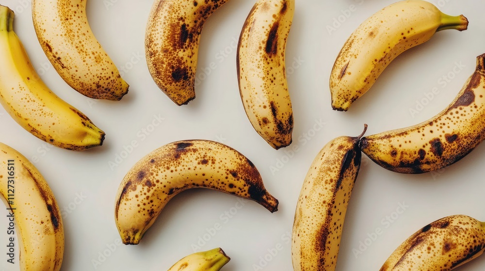 Poster fresh ripe bananas scattered on a light surface showcasing their yellow color and unique speckled te