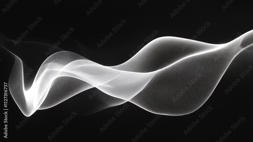 Poster White abstract smoke waves flowing gracefully over a solid black background for elegant design and artistic concepts.