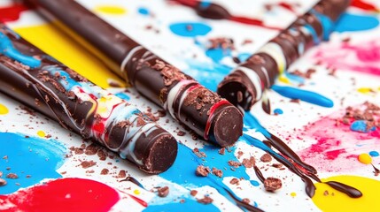 Fototapeta premium Vibrant chocolate coloring sticks with splashes of paint create an artistic and playful composition on a white background