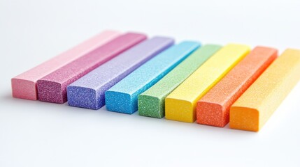 Pastel colored foam blocks arranged in a row on a clean white background creating a playful and vibrant aesthetic for creative projects