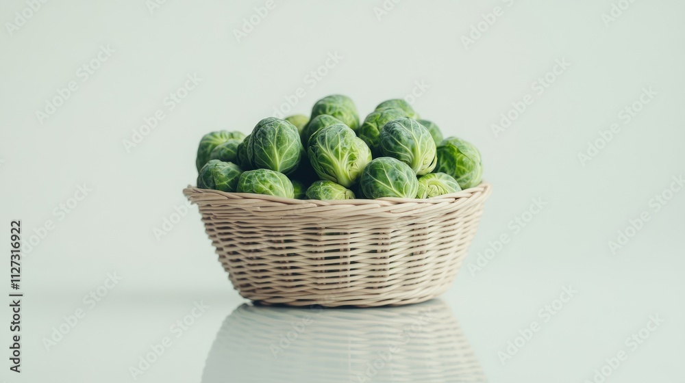 Poster fresh brussels sprouts in a woven basket with a soft reflection on a light background showcasing the
