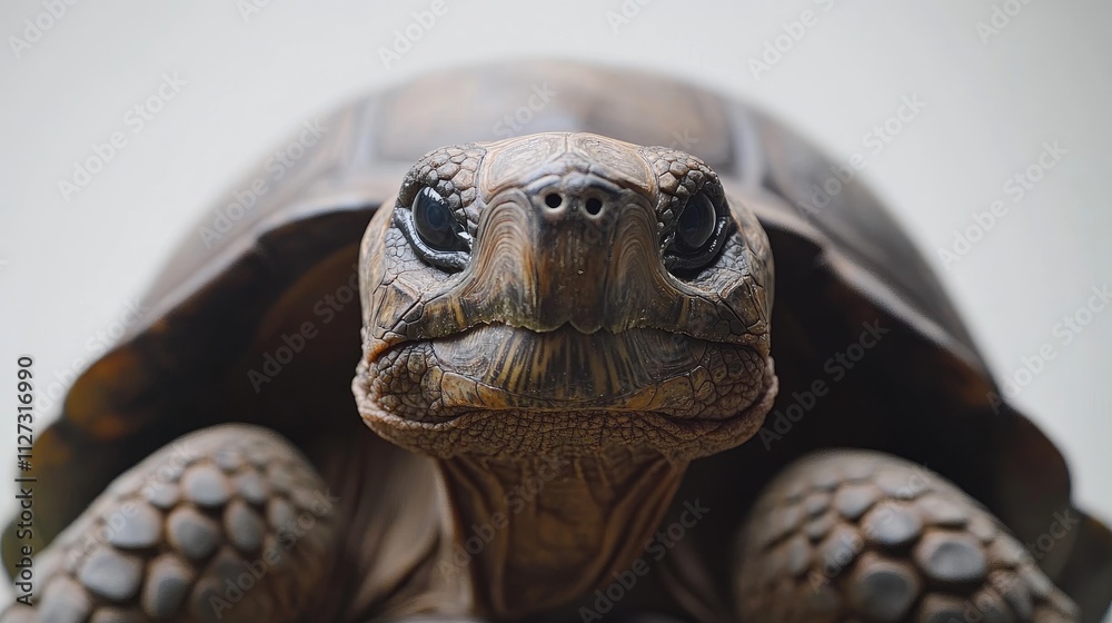 Poster Spurred tortoise portrait emphasizing unique features and charming expression against a clean white background for wildlife and nature themes