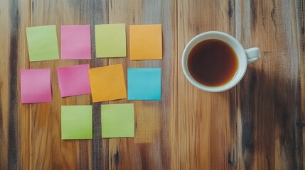 Colorful sticky notes with organic traffic concept next to a cup of coffee on a rustic wooden table background