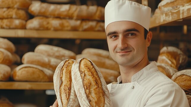 Young baker smiles while holding fresh bread in a bakery