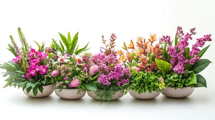 Variety of stunning floral arrangements beautifully displayed in elegant bowls on a clean white background