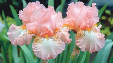 Delicate bearded iris flowers in vibrant colors thriving beautifully in a lush garden setting during springtime blooming season.