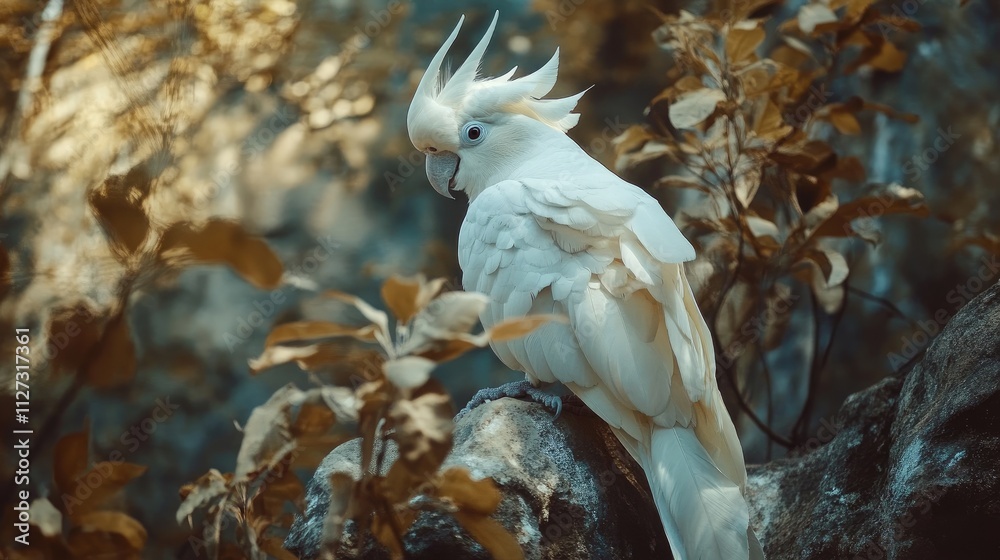 Aufkleber elegant white cockatoo perched among golden foliage in a serene zoo setting showcasing its unique cr