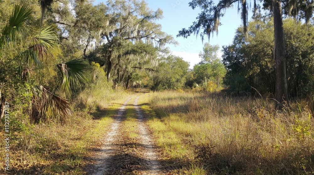 Poster serene nature trail in a lush reserve surrounded by trees and grasses under a clear blue sky invitin