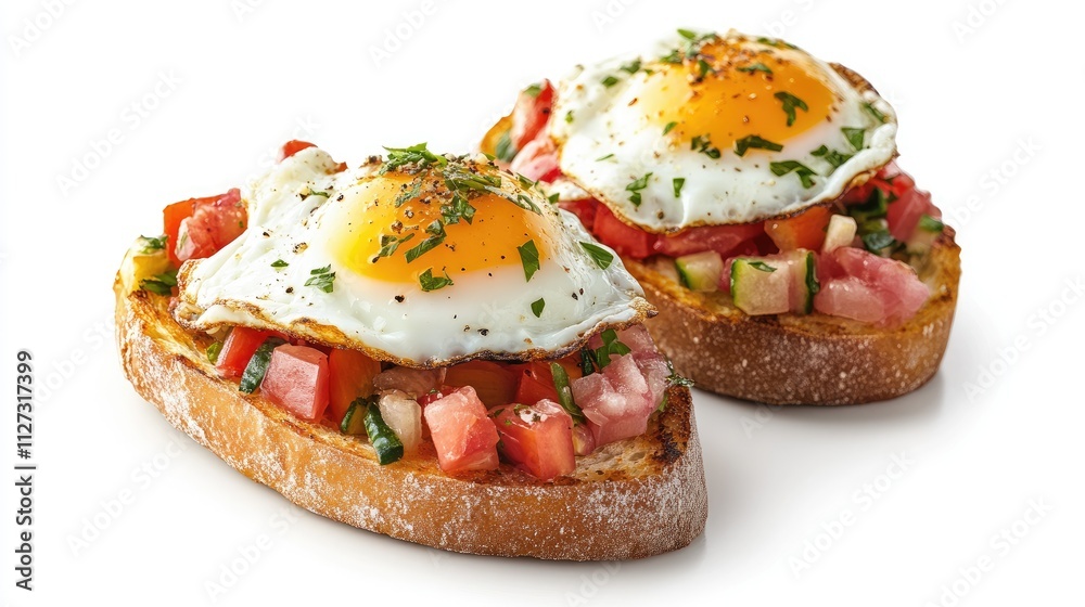 Poster bruschetta topped with fried egg and fresh vegetables on rustic bread presented on a white backgroun
