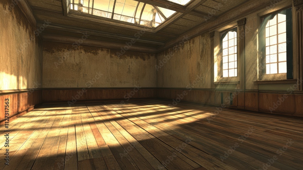 Poster spacious empty room with wooden floors featuring skylights and large windows illuminating the interi