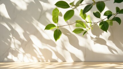 Obraz premium Spring green leaves casting shadows on marble wall and wood table creating a serene natural ambiance with ample copy space for designs