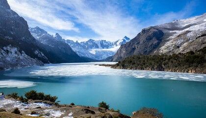 Naklejka premium Breathtaking Icy Blue Landscape Featuring a Tranquil Lake Surrounded by Majestic Mountains Under a Clear Sky, Perfect for Nature Lovers and Landscape Photography Enthusiasts