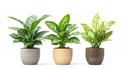 Aglaonema house plants in decorative pots isolated on white background for elegant home decor and greenery enhancement