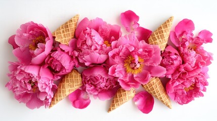 Floral arrangement of pink peonies and waffle cones on white background showcasing a creative and vibrant design for artistic compositions