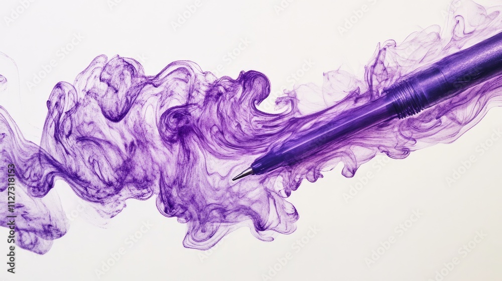 Poster purple ballpoint pen creating smoke effect against a clean white background showcasing creativity an