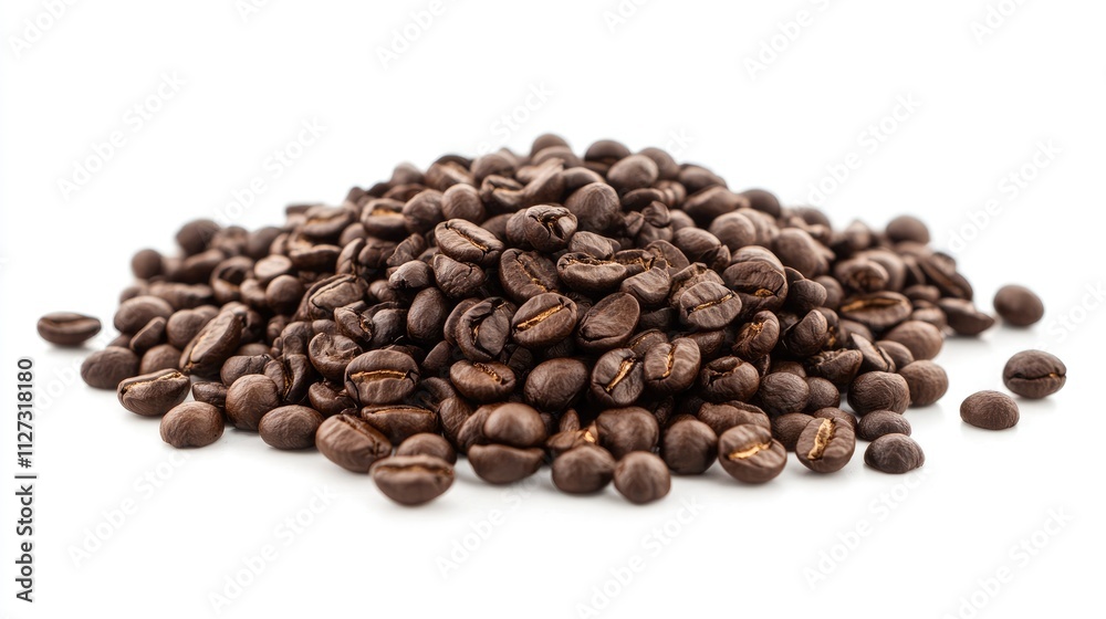 Poster coffee beans pile on a white background showcasing their rich color and texture perfect for coffee r