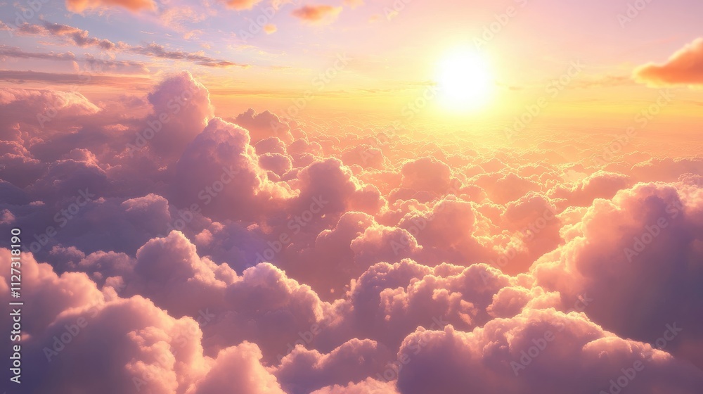 Poster golden hour sky with fluffy clouds illuminated by sunlight creating a serene and picturesque landsca