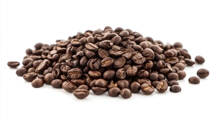 Coffee beans pile on a white background showcasing their rich color and texture perfect for coffee related articles and advertising