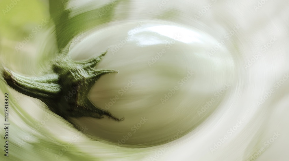 Poster Blurred close-up of a fresh white eggplant emphasizing its unique shape and texture against a soft green background