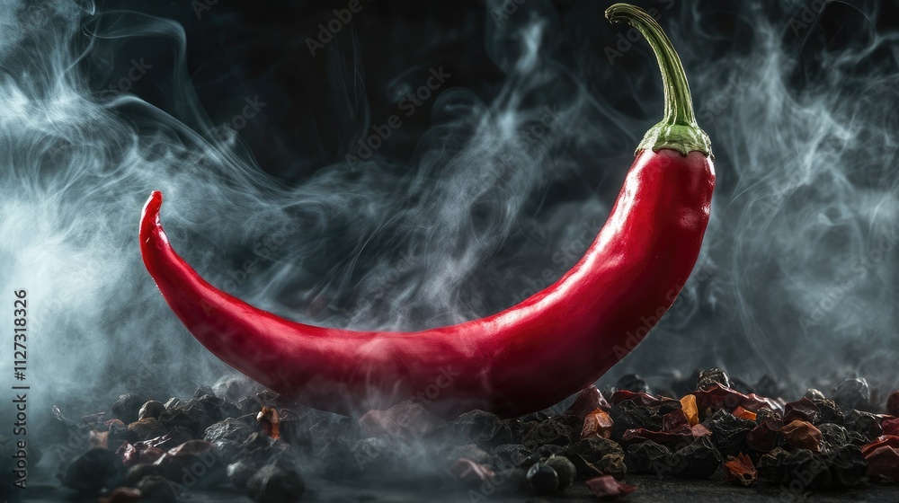 Poster A vibrant red chili pepper surrounded by smoke and spices creating an intense culinary atmosphere in a dark setting