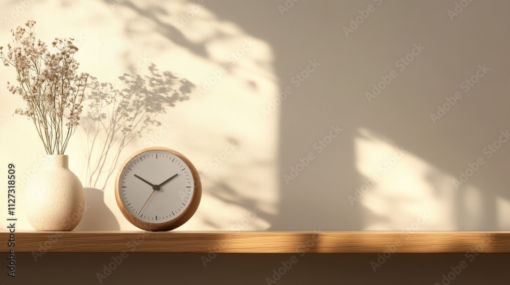 Aufkleber Modern wooden alarm clock on a shelf with minimalist decor and soft shadows creating a serene atmosphere in a bright interior design.