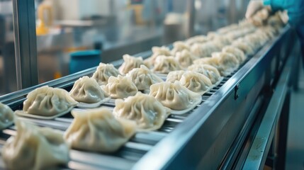 Automated food production line with stuffed dumplings moving on conveyor belt in modern manufacturing facility showcasing food technology efficiency