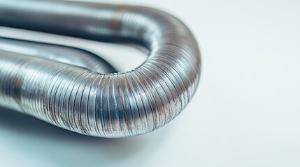 Flexible metal pipe with a smooth surface coiling elegantly on a white background showcasing its design and texture in a blurred view.