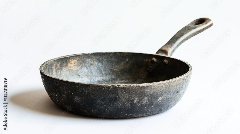 Poster Vintage black frying pan with long handle displayed on a clean white background showcasing its rustic texture and classic design
