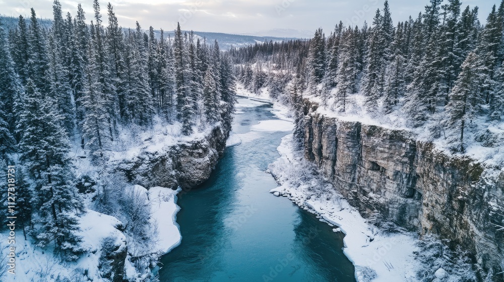 Poster aerial view of a serene snowy forest with a flowing river and cliffs in an untouched winter wilderne