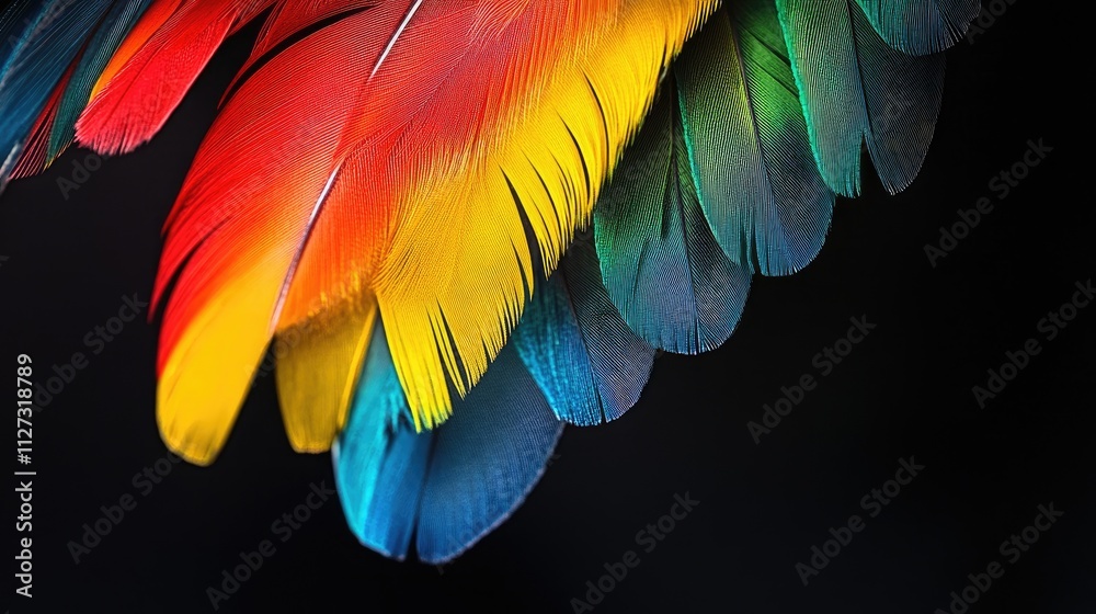 Aufkleber Colorful bird feathers against a black background displaying vibrant hues and intricate patterns for artistic and nature-themed projects.