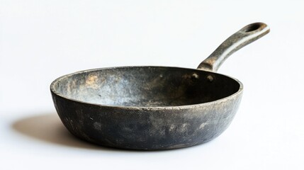 Vintage black frying pan with long handle displayed on a clean white background showcasing its rustic texture and classic design