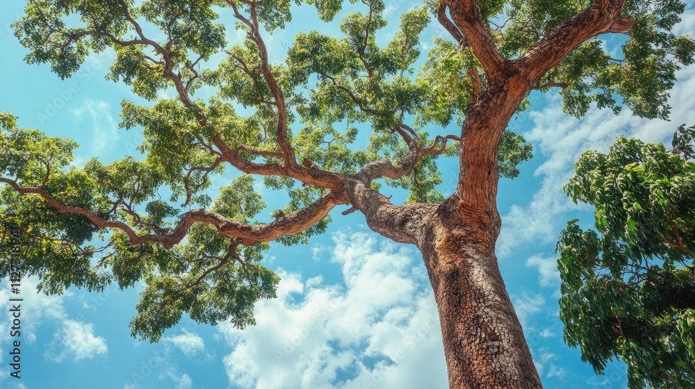 Aufkleber majestic tree with sprawling branches reaching towards a bright blue sky adorned with fluffy white c