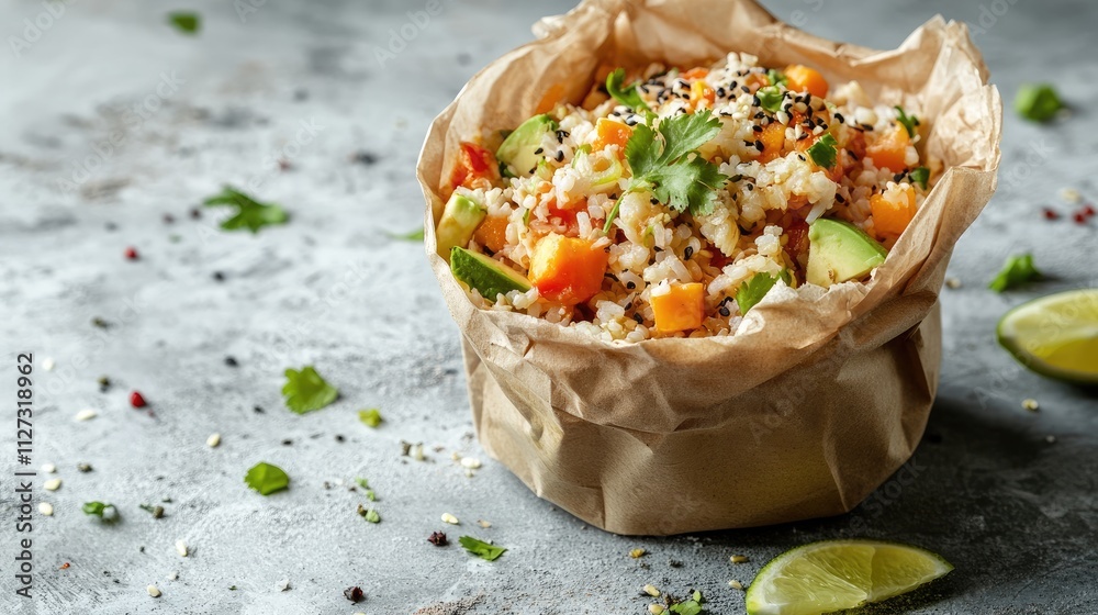 Aufkleber freshly prepared vegan meal in a paper bag showcasing colorful vegetables and herbs on a rustic back