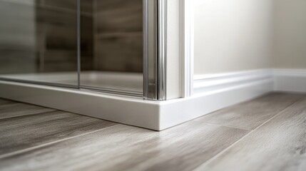 Fototapeta premium Modern bathroom corner with sleek glass shower enclosure and wooden flooring highlighting contemporary design and elegance.