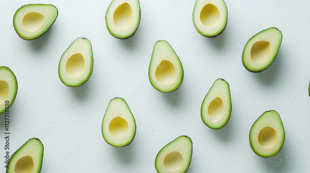 Poster sliced avocado fruits arranged on a light background showcasing their texture and vibrant colors