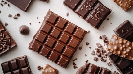 Assorted chocolate bars and pieces arranged aesthetically on a white background showcasing various textures and flavors of chocolate.