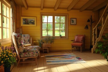 Cozy interior of a bright yellow room with a view of the outdoors and comfortable furniture
