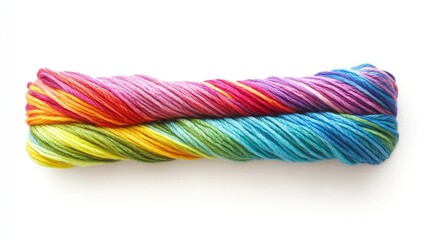 Vibrant rainbow sewing threads elegantly arranged on a white background showcasing a spectrum of colors for creative projects and crafts.